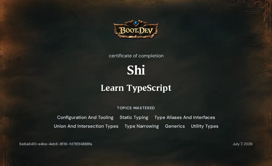 Shi's Boot.dev Learn TypeScript certificate
