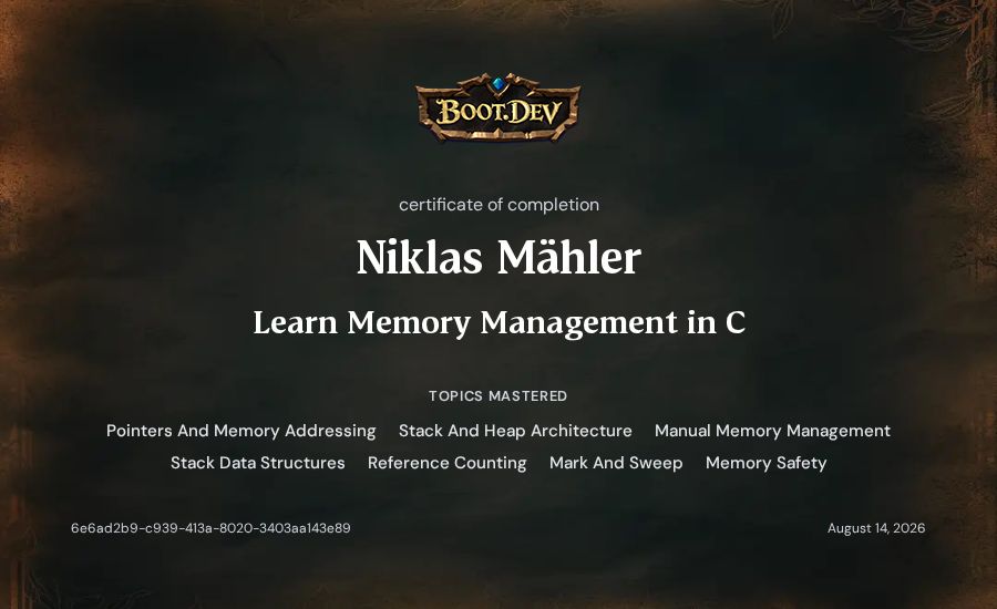 Niklas Mähler's Boot.dev Learn Memory Management in C certificate