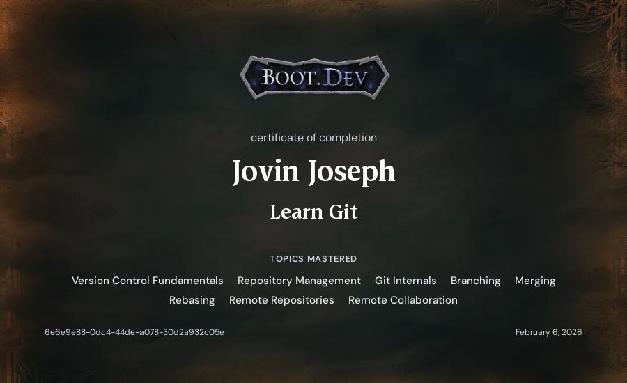 Jovin Joseph's Boot.dev Learn Git certificate
