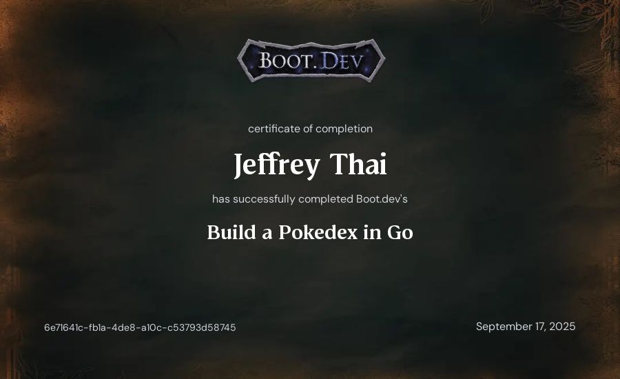 Jeffrey Thai's Boot.dev Build a Pokedex in Go certificate