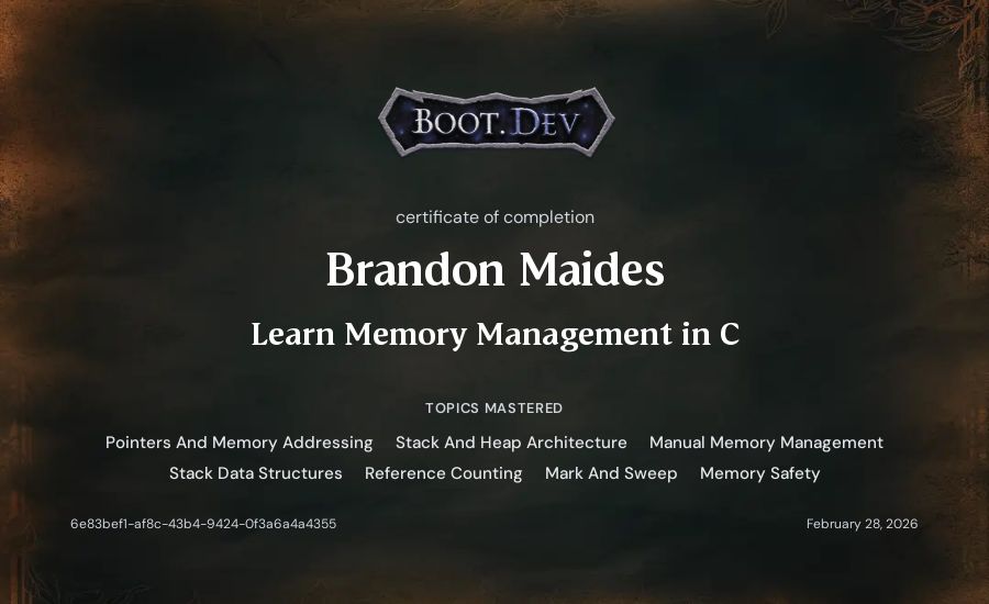Brandon Maides's Boot.dev Learn Memory Management in C certificate