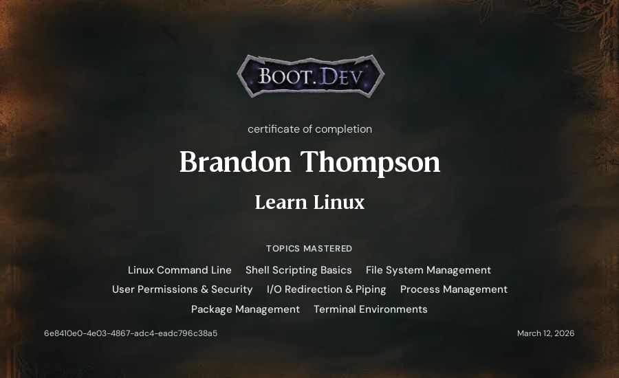 Brandon Thompson's Boot.dev Learn Linux certificate
