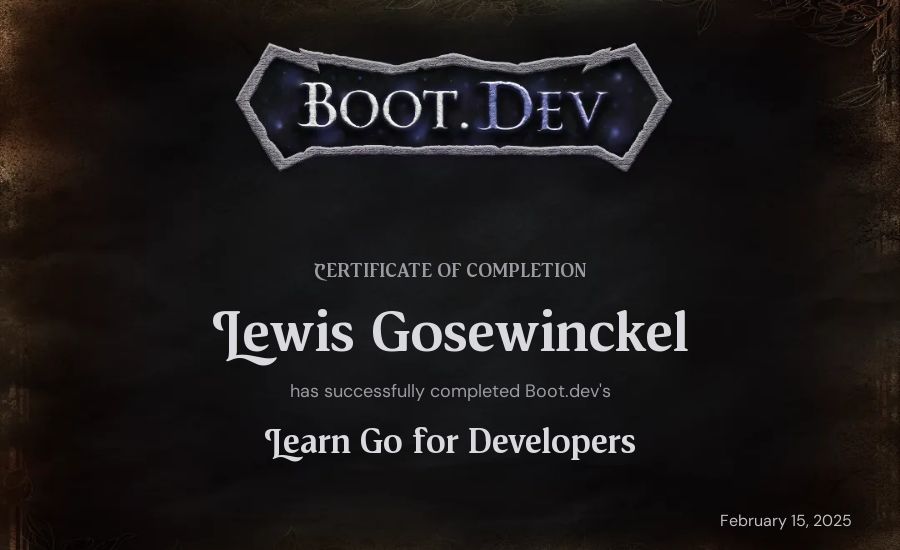 Lewis Gosewinckel's Boot.dev Learn Go certificate