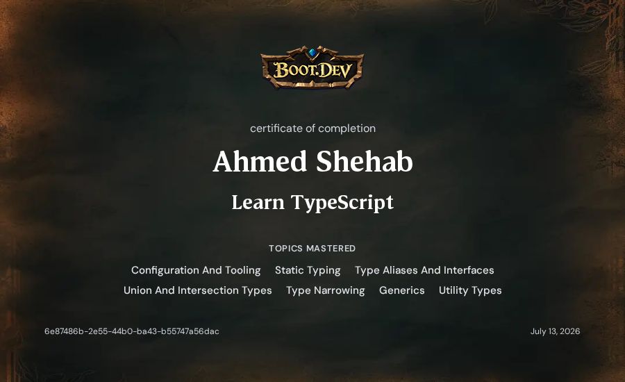 Ahmed Shehab's Boot.dev Learn TypeScript certificate