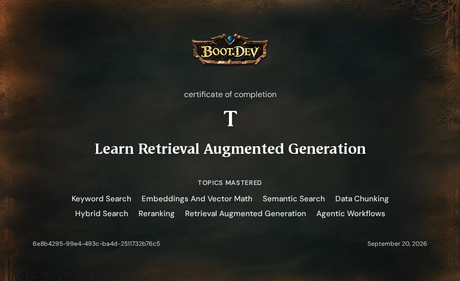 T's Boot.dev Learn Retrieval Augmented Generation certificate