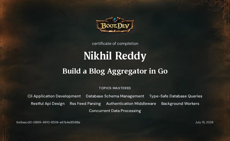 Nikhil Reddy's Boot.dev Build a Blog Aggregator in Go certificate