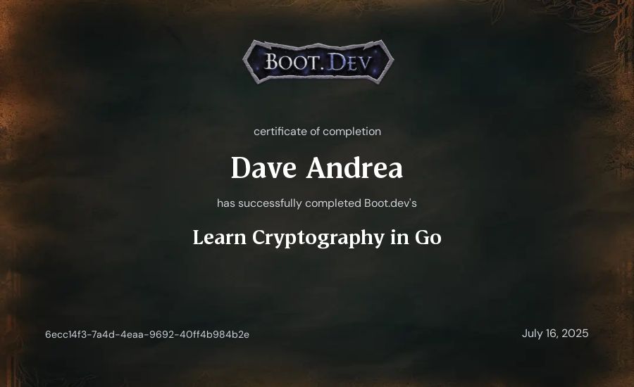 Dave Andrea's Boot.dev Learn Cryptography in Go certificate
