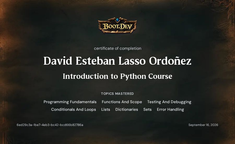 David Esteban Lasso's Boot.dev Introduction to Python Course certificate