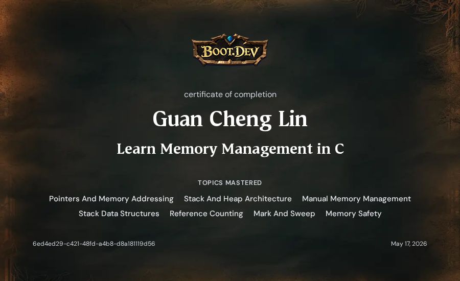 Guan Cheng Lin's Boot.dev Learn Memory Management in C certificate