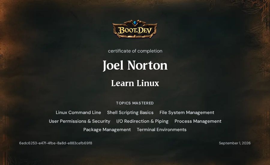Joel Norton's Boot.dev Learn Linux certificate