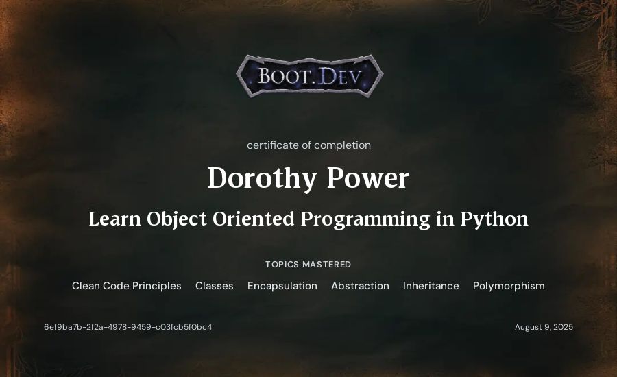 Dorothy Power's Boot.dev Learn Object Oriented Programming in Python certificate