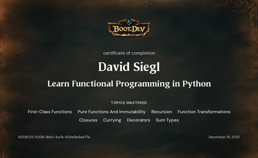 David Siegl's Boot.dev Learn Functional Programming in Python certificate
