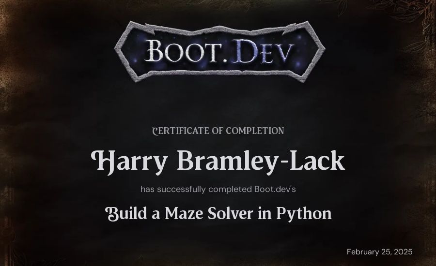Harry B-L's Boot.dev Build a Maze Solver in Python certificate