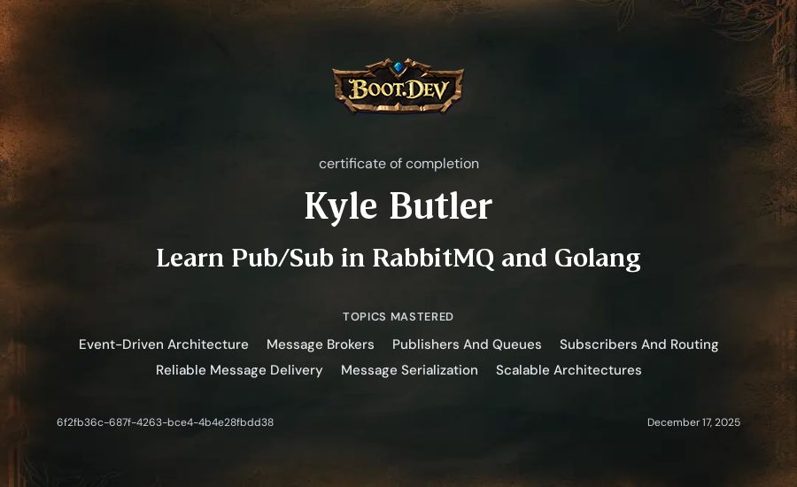 Kyle Butler's Boot.dev Learn Pub/Sub in RabbitMQ and Go certificate