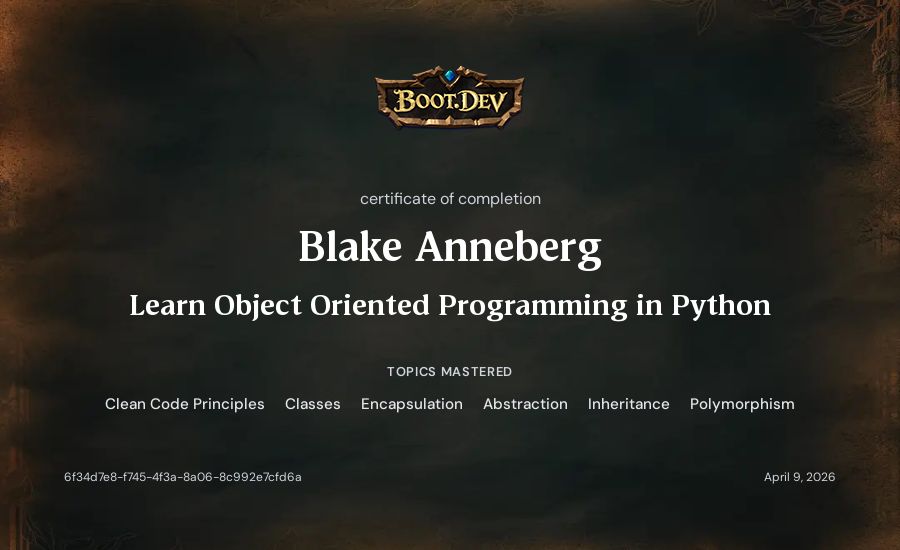 Blake Anneberg's Boot.dev Learn Object Oriented Programming in Python certificate