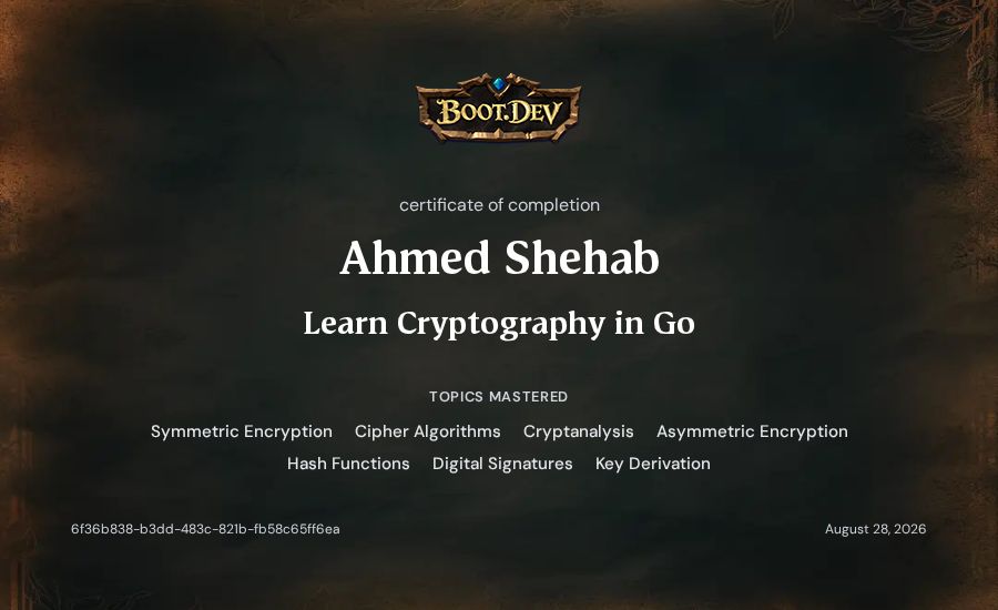 Ahmed Shehab's Boot.dev Learn Cryptography in Go certificate