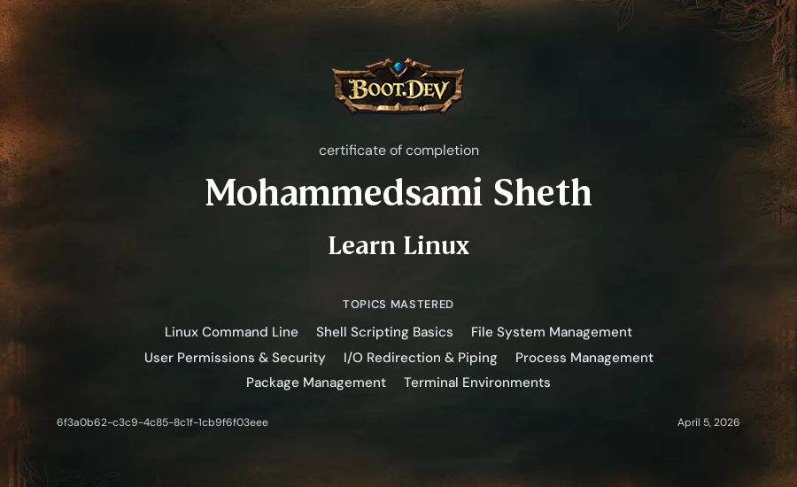 Mohammedsami Sheth's Boot.dev Learn Linux certificate