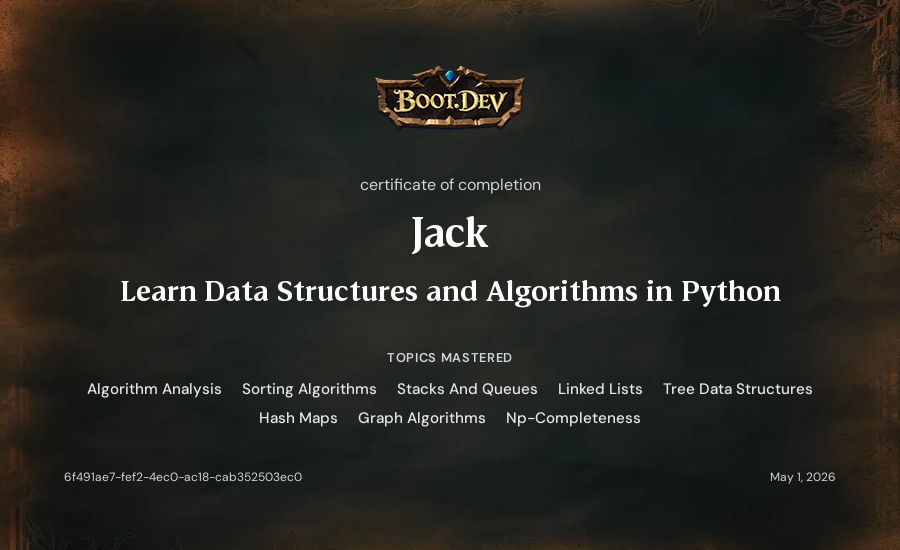 Jack's Boot.dev Learn Data Structures and Algorithms in Python certificate