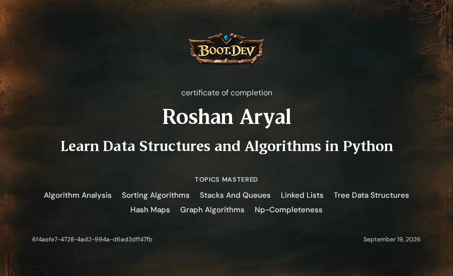 Roshan Aryal's Boot.dev Learn Data Structures and Algorithms in Python certificate