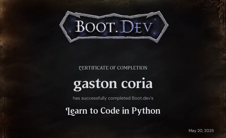 gaston coria's Boot.dev Introduction to Python Course certificate