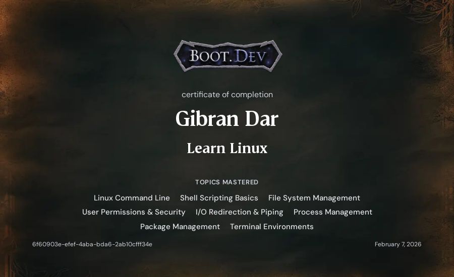 Gibran Dar's Boot.dev Learn Linux certificate