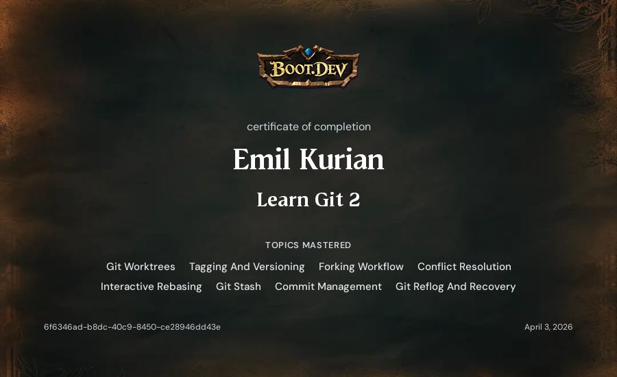 Emil Kurian's Boot.dev Learn Git 2 certificate