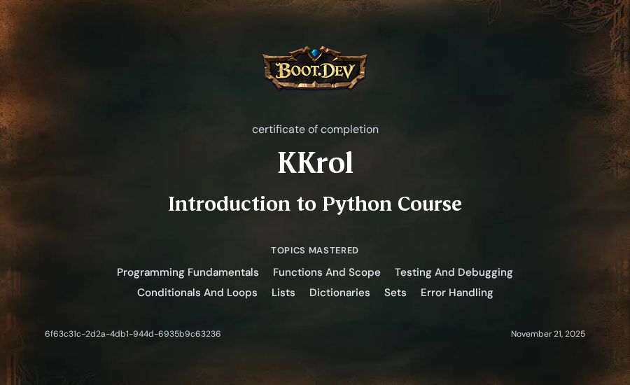 KKrol's Boot.dev Introduction to Python Course certificate