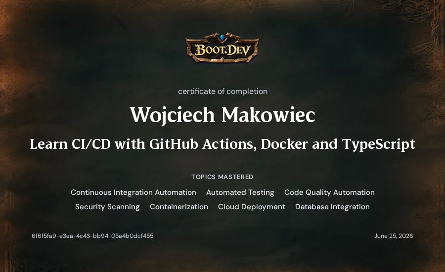 Wojciech Makowiec's Boot.dev Learn CI/CD with GitHub Actions, Docker and TypeScript certificate