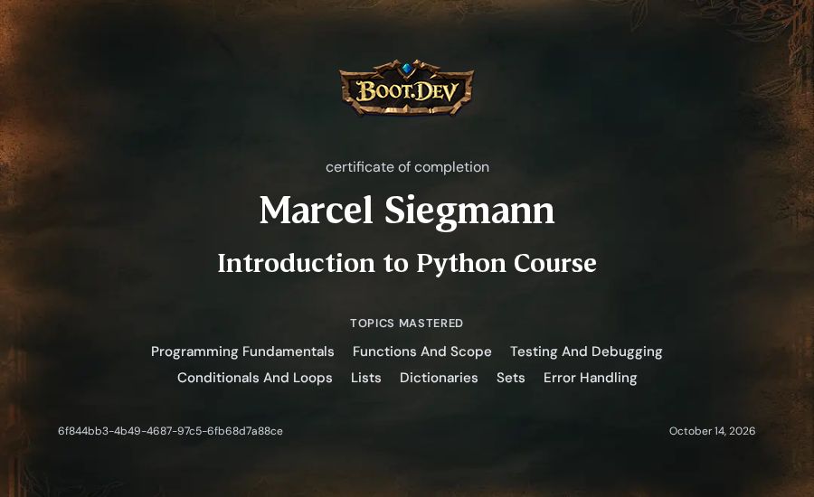Marcel Siegmann's Boot.dev Introduction to Python Course certificate