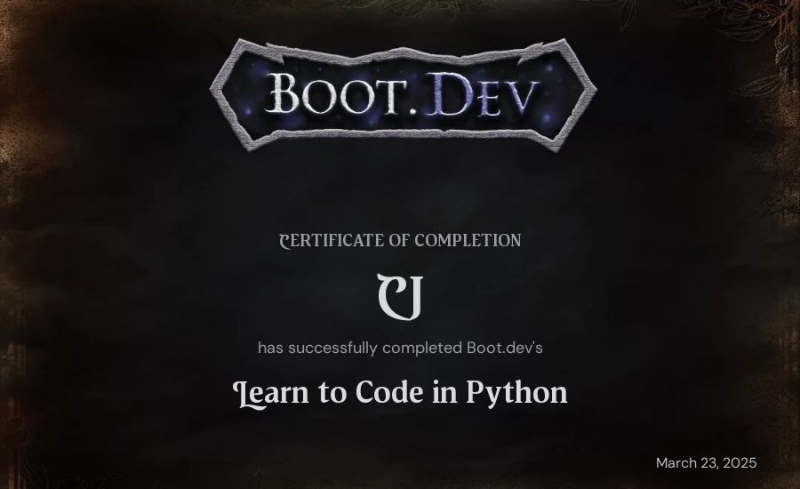CJ's Boot.dev Introduction to Python Course certificate