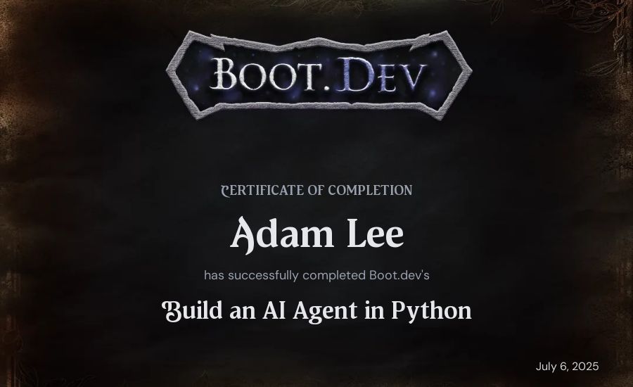 Adam Lee's Boot.dev Build an AI Agent in Python certificate