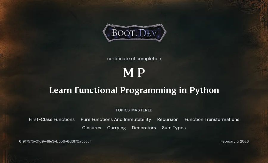M P's Boot.dev Learn Functional Programming in Python certificate