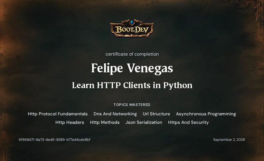 Felipe Venegas's Boot.dev Learn HTTP Clients in Python certificate