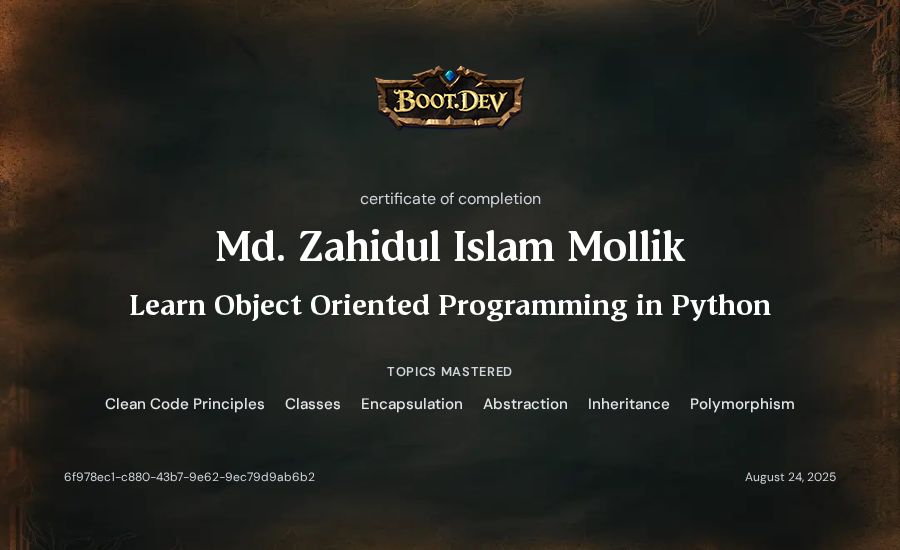 Md. Zahidul Islam Mollik's Boot.dev Learn Object Oriented Programming in Python certificate