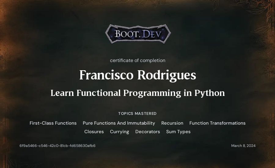 Francisco Rodrigues's Boot.dev Learn Functional Programming in Python certificate