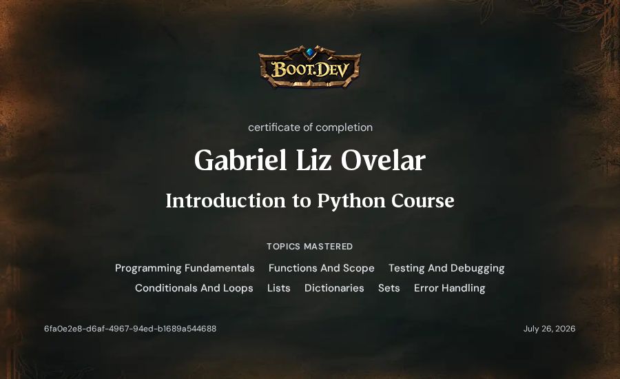 Gabriel Liz Ovelar's Boot.dev Introduction to Python Course certificate