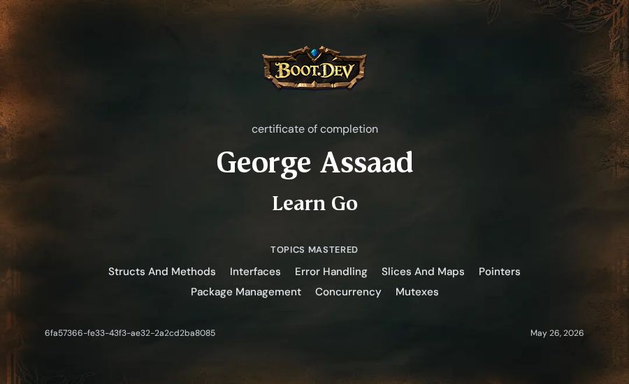George Assaad's Boot.dev Learn Go certificate