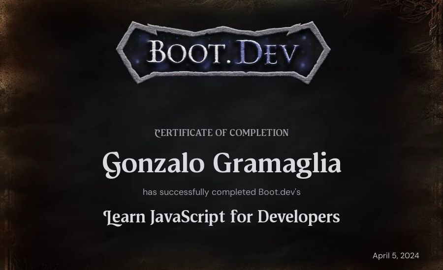 Gonzalo Gramaglia's Boot.dev Learn JavaScript certificate