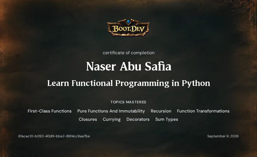 Naser Abu Safia's Boot.dev Learn Functional Programming in Python certificate
