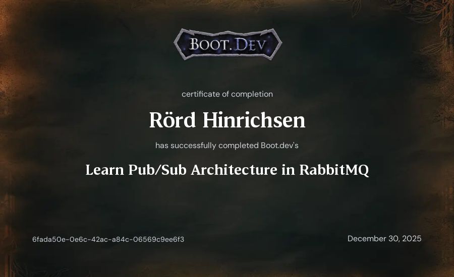 Rörd Hinrichsen's Boot.dev Learn Pub/Sub in RabbitMQ and Go certificate