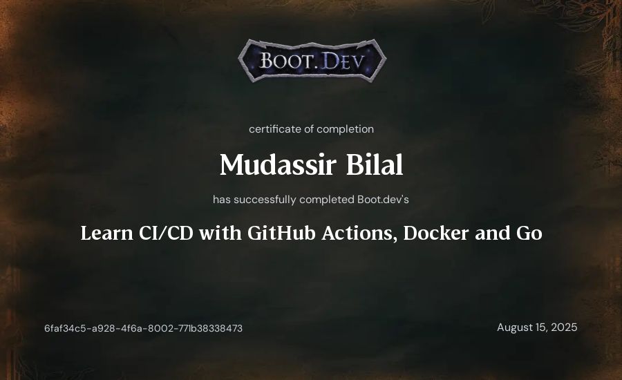 Mudassir Bilal's Boot.dev Learn CI/CD with GitHub Actions, Docker and Go certificate
