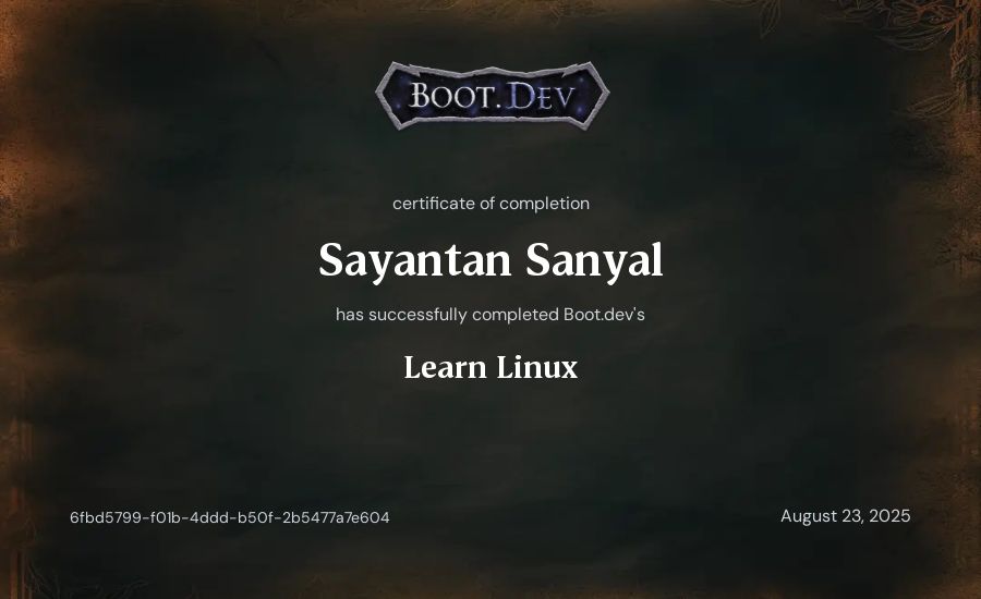 Sayantan Sanyal's Boot.dev Learn Linux certificate