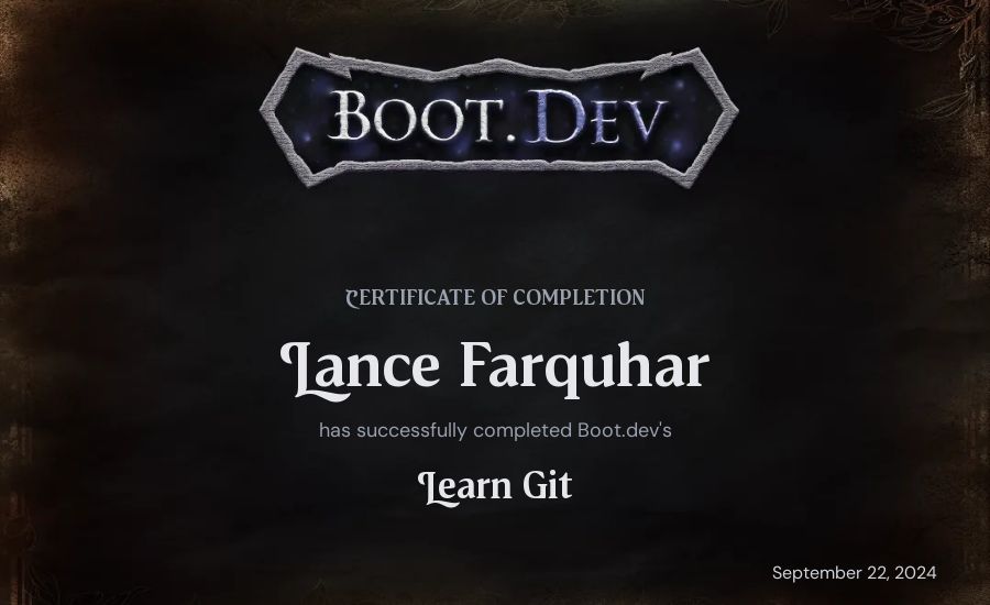 Lance Farquhar's Boot.dev Learn Git certificate