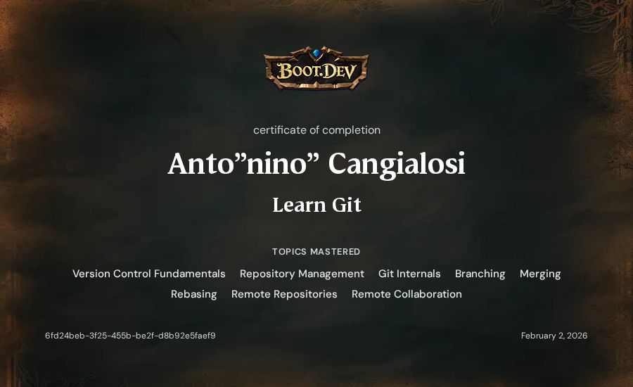 Anto"nino" Cangialosi's Boot.dev Learn Git certificate