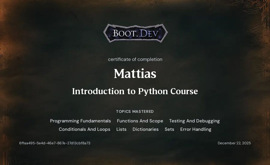 Mattias's Boot.dev Introduction to Python Course certificate