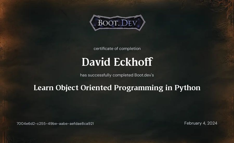 David Eckhoff's Boot.dev Learn Object Oriented Programming in Python certificate