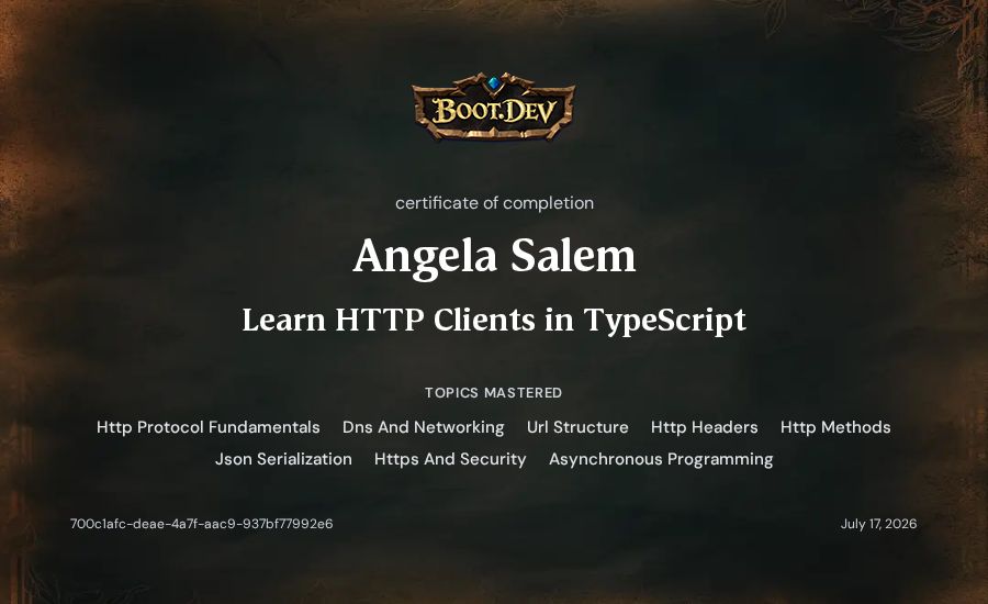 Angela Salem's Boot.dev Learn HTTP Clients in TypeScript certificate