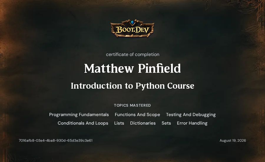 Matthew Pinfield's Boot.dev Introduction to Python Course certificate