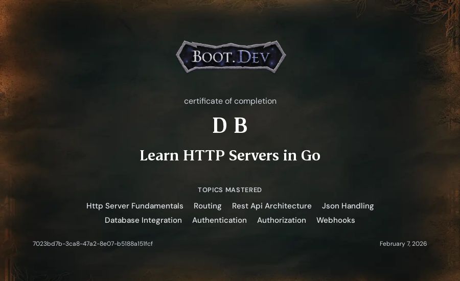 D B's Boot.dev Learn HTTP Servers in Go certificate
