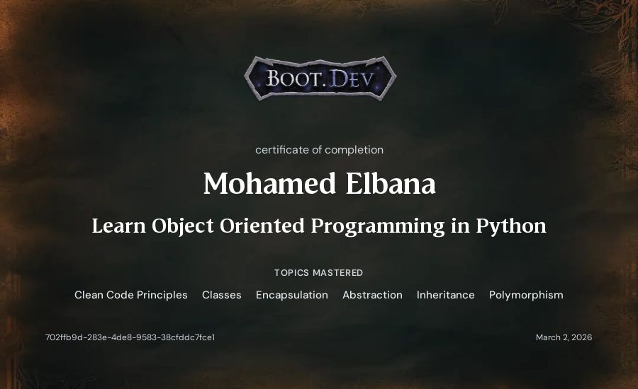 Mohamed Elbana's Boot.dev Learn Object Oriented Programming in Python certificate